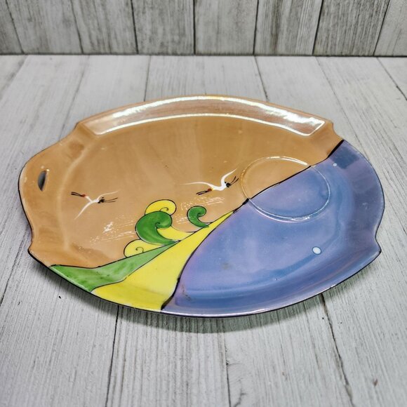 Vintage Gold Castle Chikusa Snack Plate Hand Painted Crane Ocean Wave - Picture 2 of 6